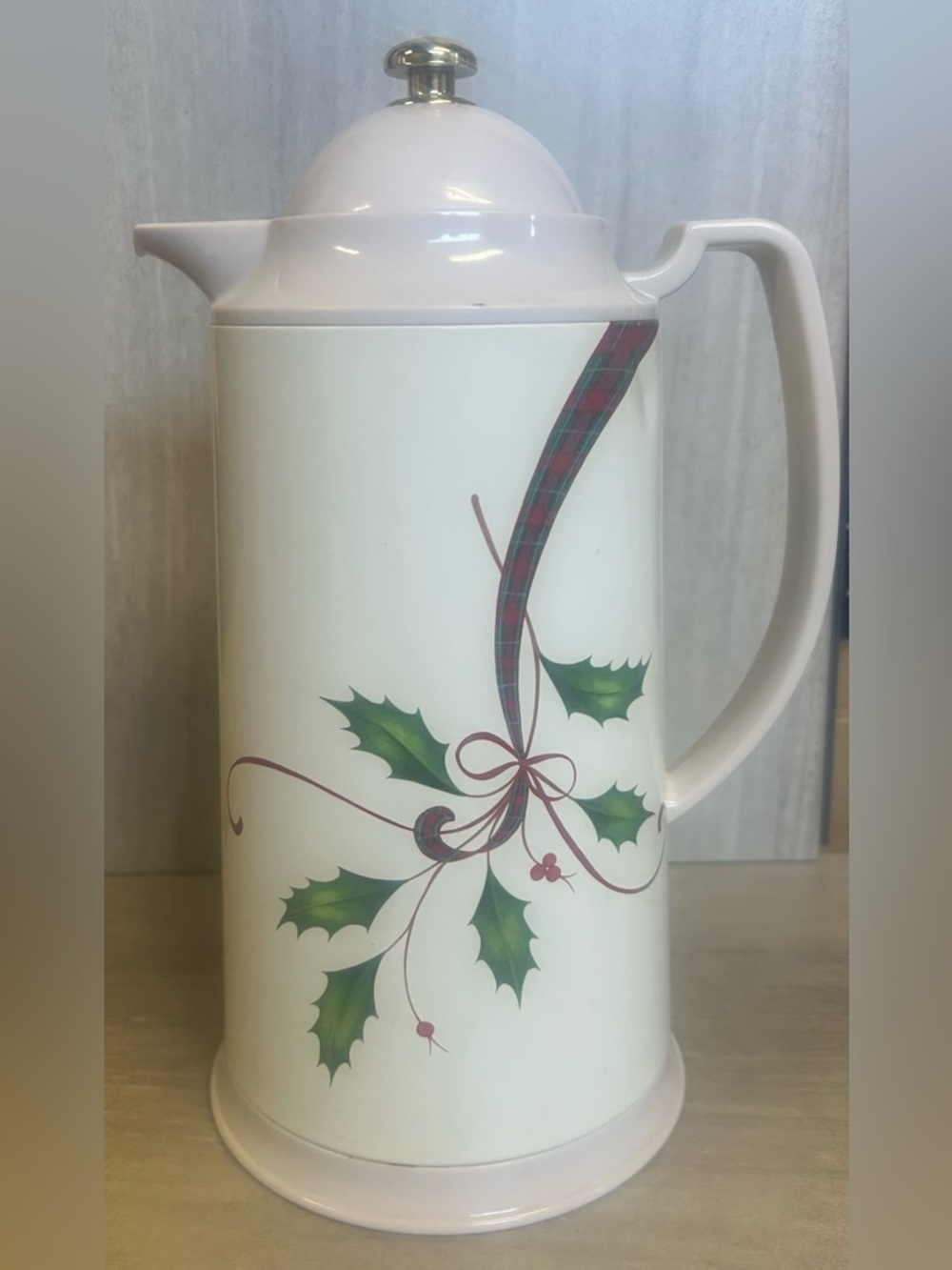 Lenox White Holiday Holly Pitcher with Green and Red Tartan Accent